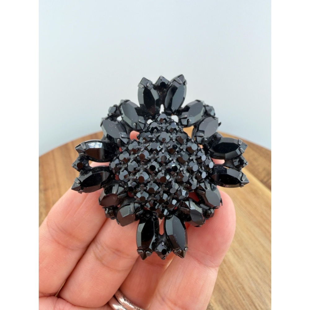 Vintage Black Rhinestone Domed Flower Brooch Pin MCM Goth Dark Academia